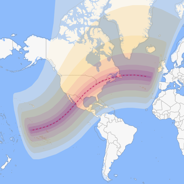 Map view of the path of the April 8, 2024, total solar eclipse from “Time and Date."